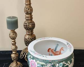 Brass candlesticks, and oriental jardinière.