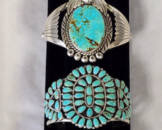 Many signed Sterling and Turquoise Native American Jewelry Pieces. Cuff Bracelets.