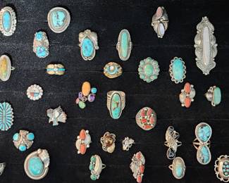 Many signed Sterling and Turquoise Native American Jewelry Pieces. Rings