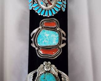 Many signed Sterling and Turquoise Native American Jewelry Pieces. Cuff Bracelets.
Leo G. Harvey, Navajo, CP sterling Cuff, and more.