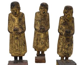 Ancient Set Of 3 Buddhist Monks Gilded