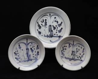 Three Antique Chinese Blue & White Porcelain Plates