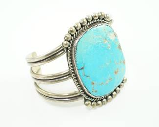 Native American Turquoise and Sterling Cuff Bracelet - Signed "M"
