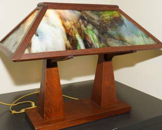 Vintage Slag Glass & Wood Lamp Circa 1910