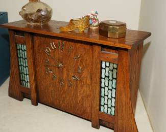 Gilbert "El Paso" Mission Oak Slag Glass Mantel Clock, c 1926