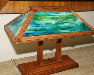 Antique Slag Glass Wood Lamp c. 1910