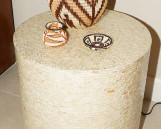 Mother of Pearl Side Table w/ Collection of Woven Baskets