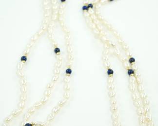 Three Strand Pearl, Lapis & Gold Bead Necklace