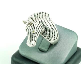 Custom Gauthier Zebra Ring in 14k White Gold with 3.6 Carats TW Black Diamonds, Yellow Diamond Eyes