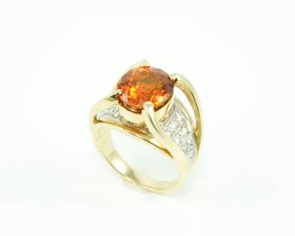 14k Yellow Gold, Diamond and Orange Sapphire Ring