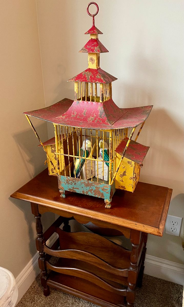 unique metal birdhouse, pair of Morton bird wall pockets, walnut magazine rack/end table