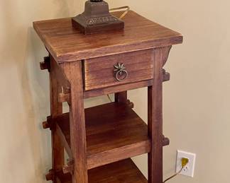 one drawer teak stand, bronze dolphin lamp