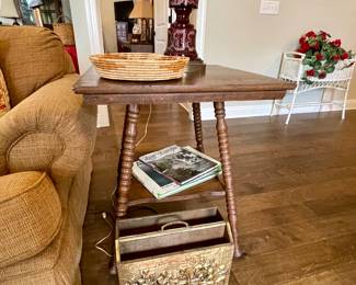 oak center table, brass magazine rack
