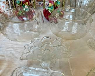 crystal napkin holder, pair of etched globes