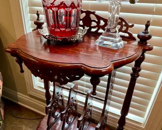 ornate magazine stand, large Bohemian vase, Waterford cross