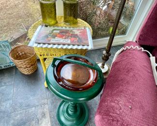 ashtray on stand, yellow wicker side table