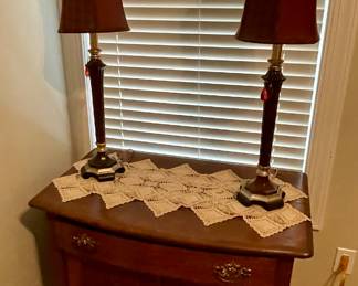 oak chest, pair of burgandy shade buffet lamps