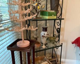 large glass shelf baker's rack, Easter tree with tons of ornaments