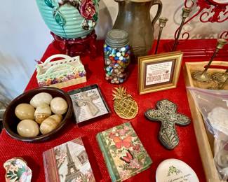 pottery, marbles, painted oyster shell, brass pineapple