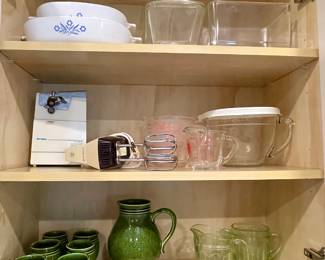 Corningware, glass refrigerator dish, German teaset, green depression cream and sugar, Pampered Chef measuring cup