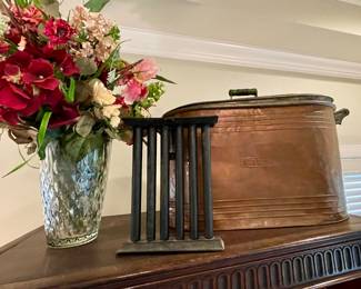 large copper boiler tub with lid, vintage metal candle mold, floral arrangement in crystal vase