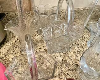 LOTS of vintage glass baskets!!!! Some Heisey & Fenton