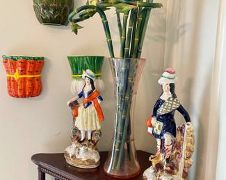 pink depression vase with etched bamboo design, vegetable wall pockets, Staffordshire couple (as is)