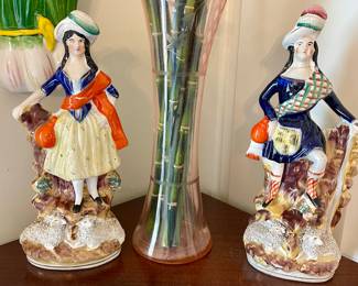 Staffordshire couple (repaired), pink depression bamboo etched vase