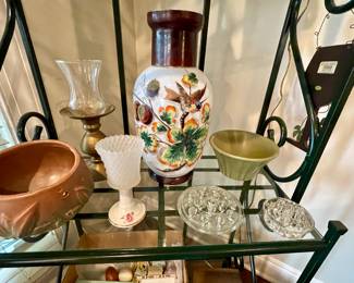 McCoy hanging planter, flower frogs, brass candle sticks, hand painted bird vase