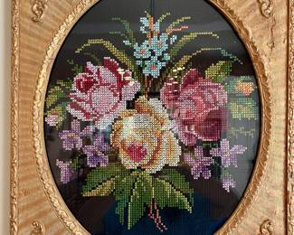 antique framed floral needlepoint