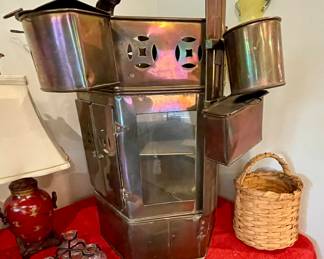 large Asian brass noodle cart, studio pottery flower frog