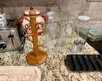 coffee tree, cast iron corn stick pan, glass canisters, biscotti jar, Cuisinart toaster
