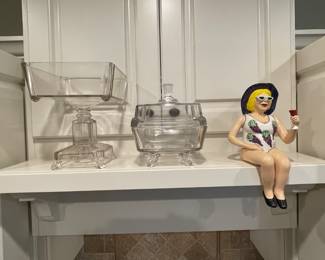 early pressed glass compote and candy dish, wine goddess shelf sitter