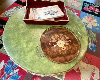 vintage round footstool , brass gallery rail inlaid tray