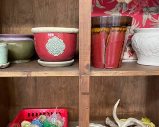 pots, plant waterers, pair of deer antlers