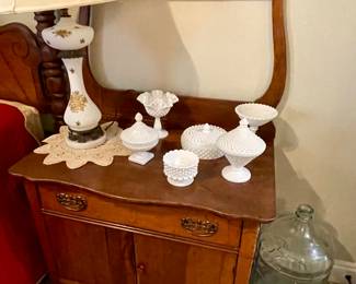 oak wash stand, milk glass pieces (Fenton)