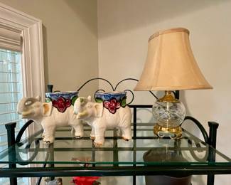 elephant planters, crystal (Waterford?) lamp