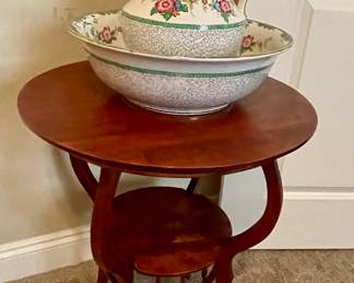 vintage bowl and basin, beautiful end table with gallery rail