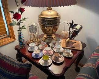 Anniversary Clock, Large Brass Lamp, Cups & Saucers and more