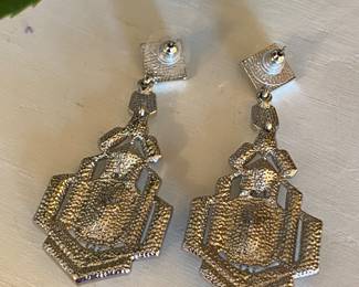 18- $36 Great Mardi Gras or dress up event or just wear with your jeans! Emerald style glass stones and rhinestones set of earrings. One tiny emerald crystal missing. 3"L