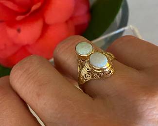 23- $400 Victorian double opal ring, beautiful reticulated setting size 5.5