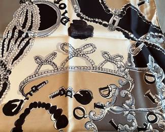 14 - $250 Christian Dior silk scarf/carre 90cm with jewels print all over, beige, grey, black and white. Very good condition.