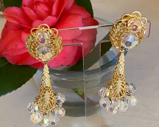 19- $50 - Aurora Borealis vintage set of earrings on gold mesh - 3"L - very good condition.