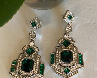 18- $36 Great Mardi Gras or dress up event or just wear with your jeans! Emerald style glass stones and rhinestones set of earrings. One tiny emerald crystal missing. 3"L