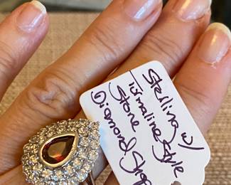 $36 Sterling Tourmaline style stone large pear shape ring - sz 9