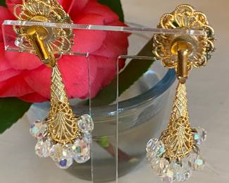 19- $50 - Aurora Borealis vintage set of earrings on gold mesh - 3"L - very good condition.