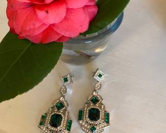 18- $36 Great Mardi Gras or dress up event or just wear with your jeans! Emerald style glass stones and rhinestones set of earrings. One tiny emerald missing. 3"L