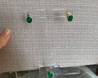 7- $1100 - 3 pieces set Emerald set - pendant & 2 earrings on 14kt yellow gold. Natural emeralds.