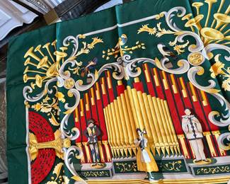 9-$295 - Hermes Square silk scarf 36x36 - Model Orgaphone - Edition 1996 - 90cm. Very good condition. no stain no pulls, no box.