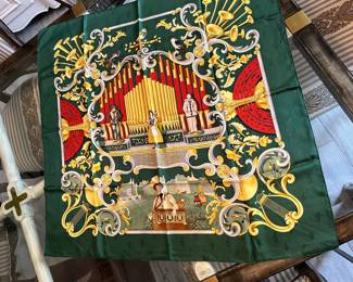 9-$295 - Hermes Square silk scarf 36x36 - Model Orgaphone - Edition 1996 - 90cm. Very good condition. no stain no pulls, no box.